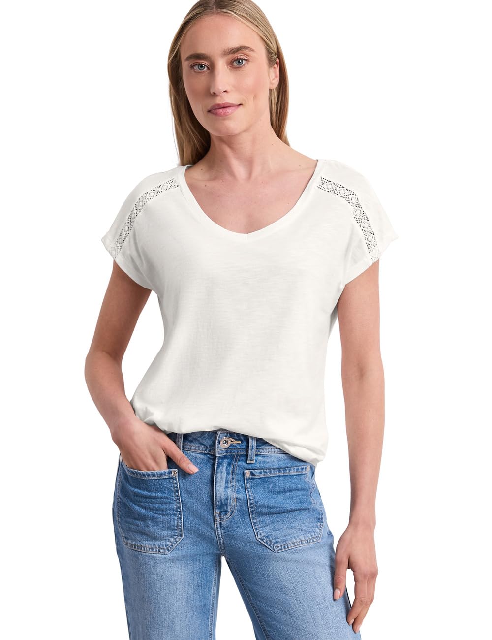 Street One Women's 3229114 Shirt with V-Neck and Crochet Details (Pack of 1), Off White, 8