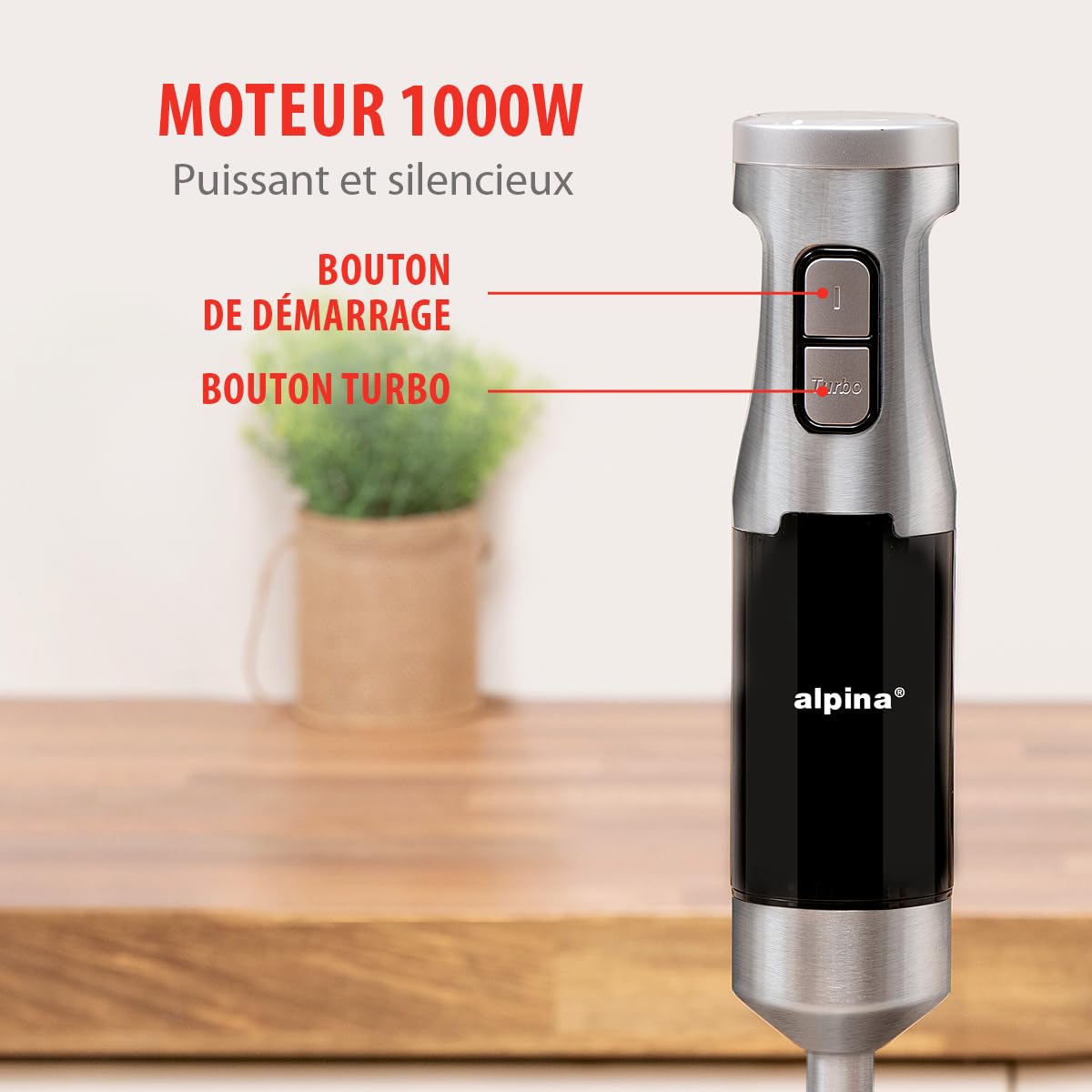 alpina Batidora de Mano BB6700F-N - Batidora Brazo con Vaso Medidor 700ML - 1000W - 2 Velocidades y función Turbo - Sin BPA - Acero Inoxidable - Negro/Plata