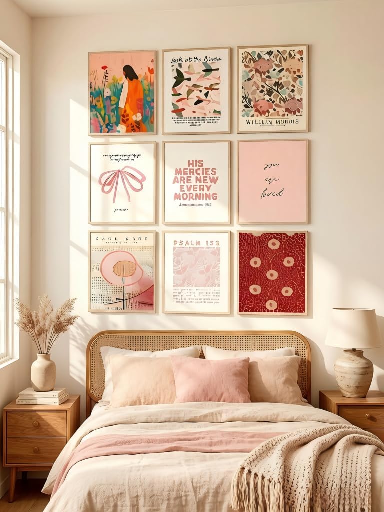 RYZopmuy Christian Wall Art Prints, Set of 9, Bible Verse Poster, Pink Floral, Unframed, 8x10 Inch living room, bedroom, bathroom Decor