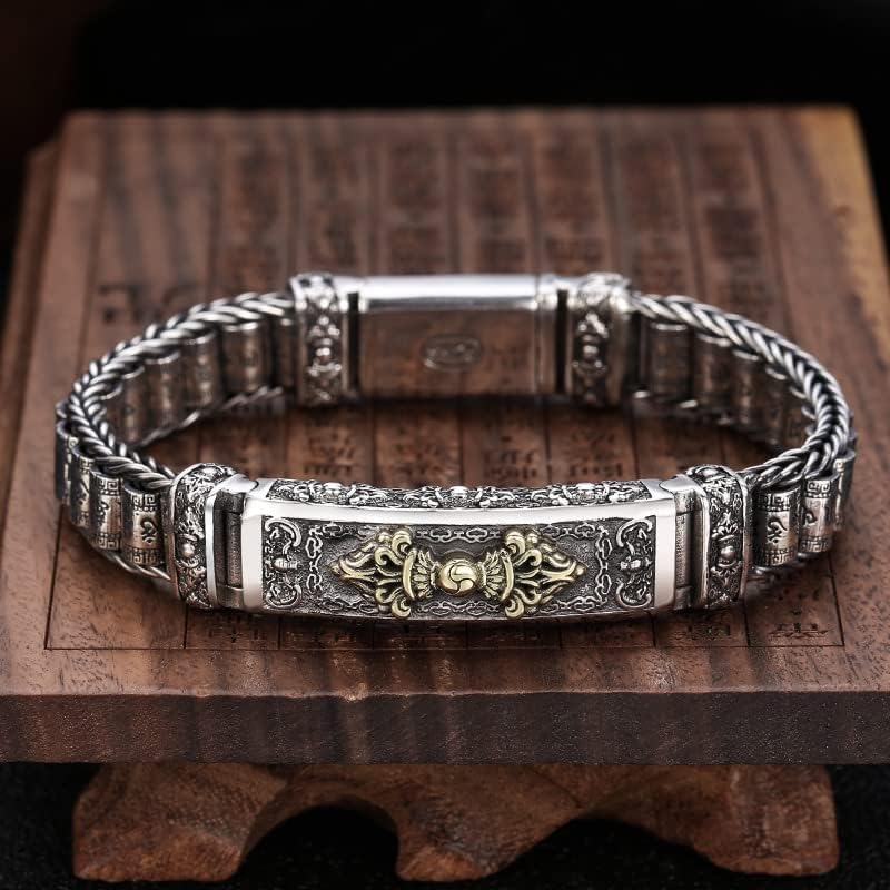 LYGBAOFUL Bracciale Rigido in Argento Sterling, Bracciale retrò, Bracciale Mantra Rotante a Sei Caratteri S925, Bracciale Religioso Uomo Donna, pestello Vajra+Ruota di Preghiera, Regalo di Gioielli