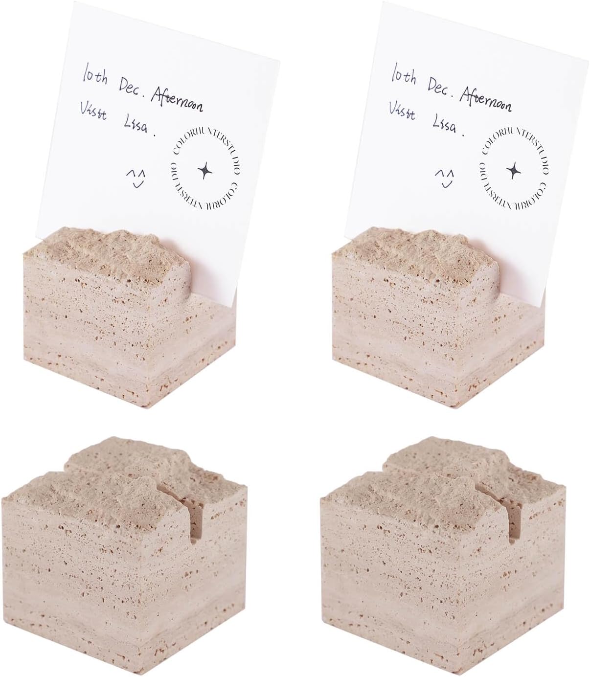 JIMEI 4 pcs Natural Travertine Place Card holder - Handmade Polished Wedding Table Signs, Multi-Use Memo Holder for Escort Cards, Photos & Business Cards (2.36"x2.36"x1.96")