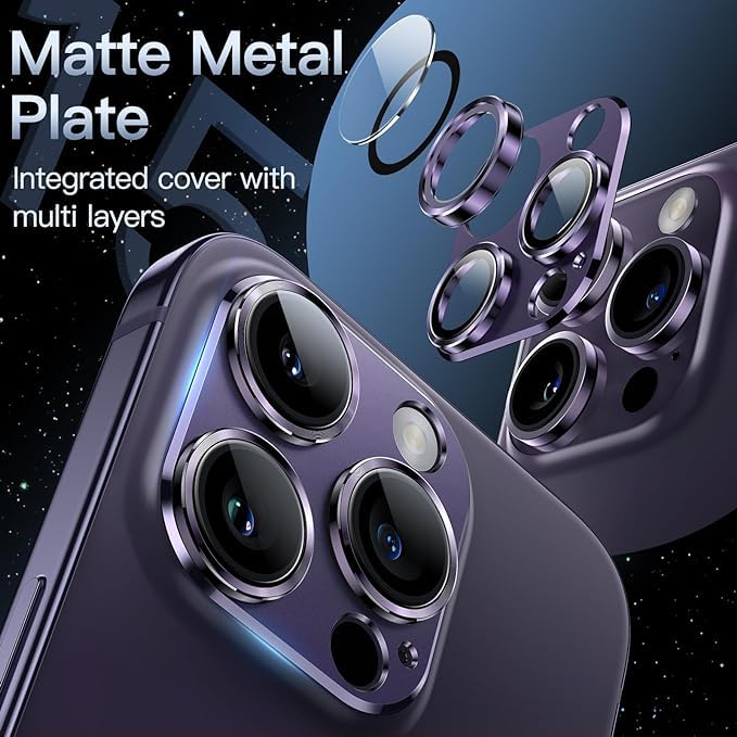 Image of Camera Lens Protector for iPhone 14 Pro 6.1-Inch & iPhone 14 Pro Max 6.7-Inch, Full Coverage 9H Tempered Glass Ring Cover, Matte Metal Plate, Case Friendly (Purple)