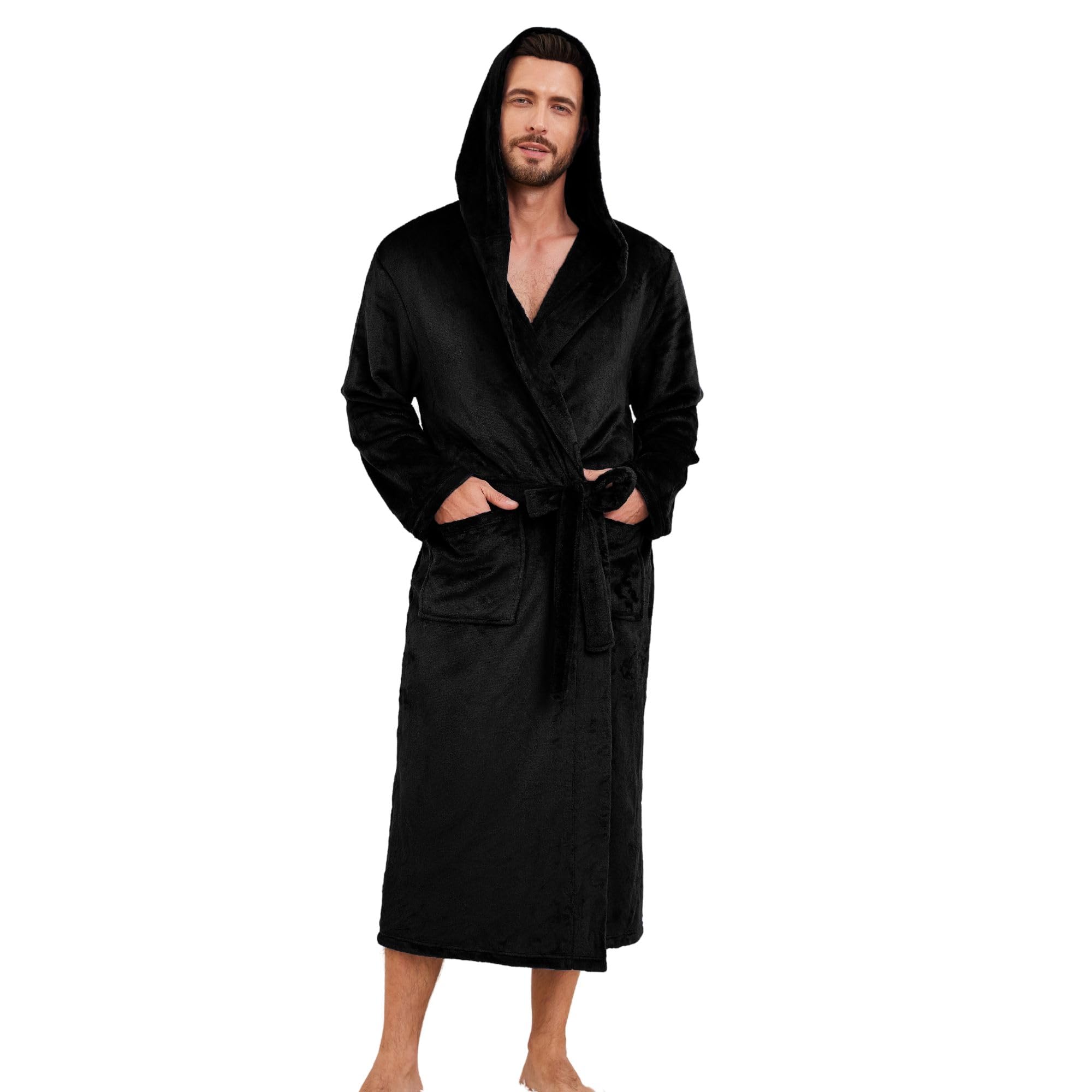 Mens Hooded Fleece Robe Lightweight Soft Warm Fleece Bathrobe Shower Spa Long Robe With Pockets