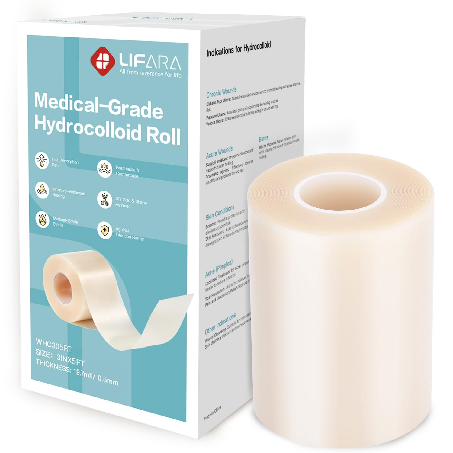 LIFARA Hydrocolloid Roll for Wound Care - Cut-to-Size, Hydrocolloid Patch Bandages with Self-Adhesive, Ultra Absorbent &amp; Waterproof, First Aid Kit Essential (19.7mil/ 0.5mm Thickness, 3in*5ft)