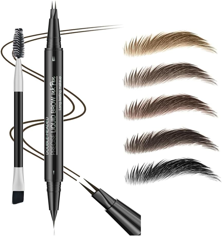 5 Shades Eyebrow Pen, Duo Brow Microfilling Fork-Tips & Precise Tip, Natural Eyebrow Makeup Set with Spoolie Brush (#3 Dark Brown)