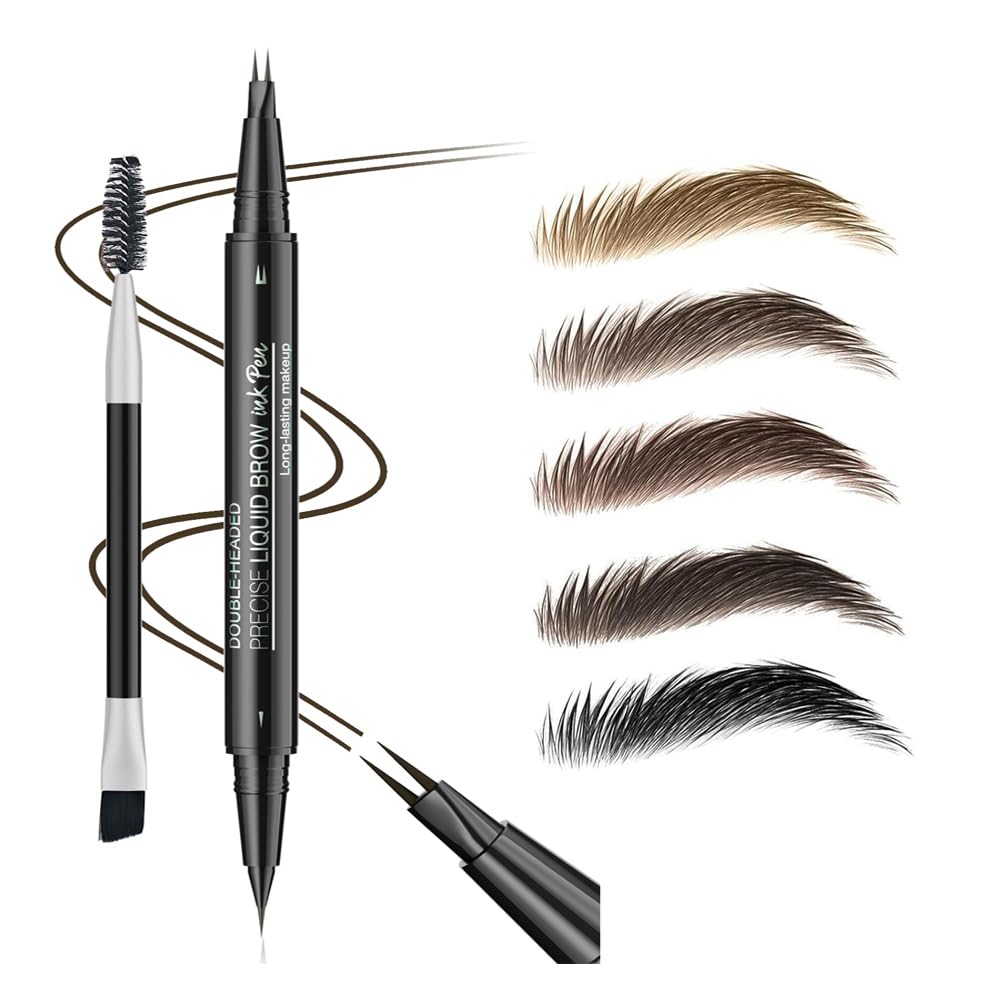 5 Shades Eyebrow Pen, Duo Brow Microfilling Fork-Tips & Precise Tip, Natural Eyebrow Makeup Set with Spoolie Brush (#2 Medium Brown)