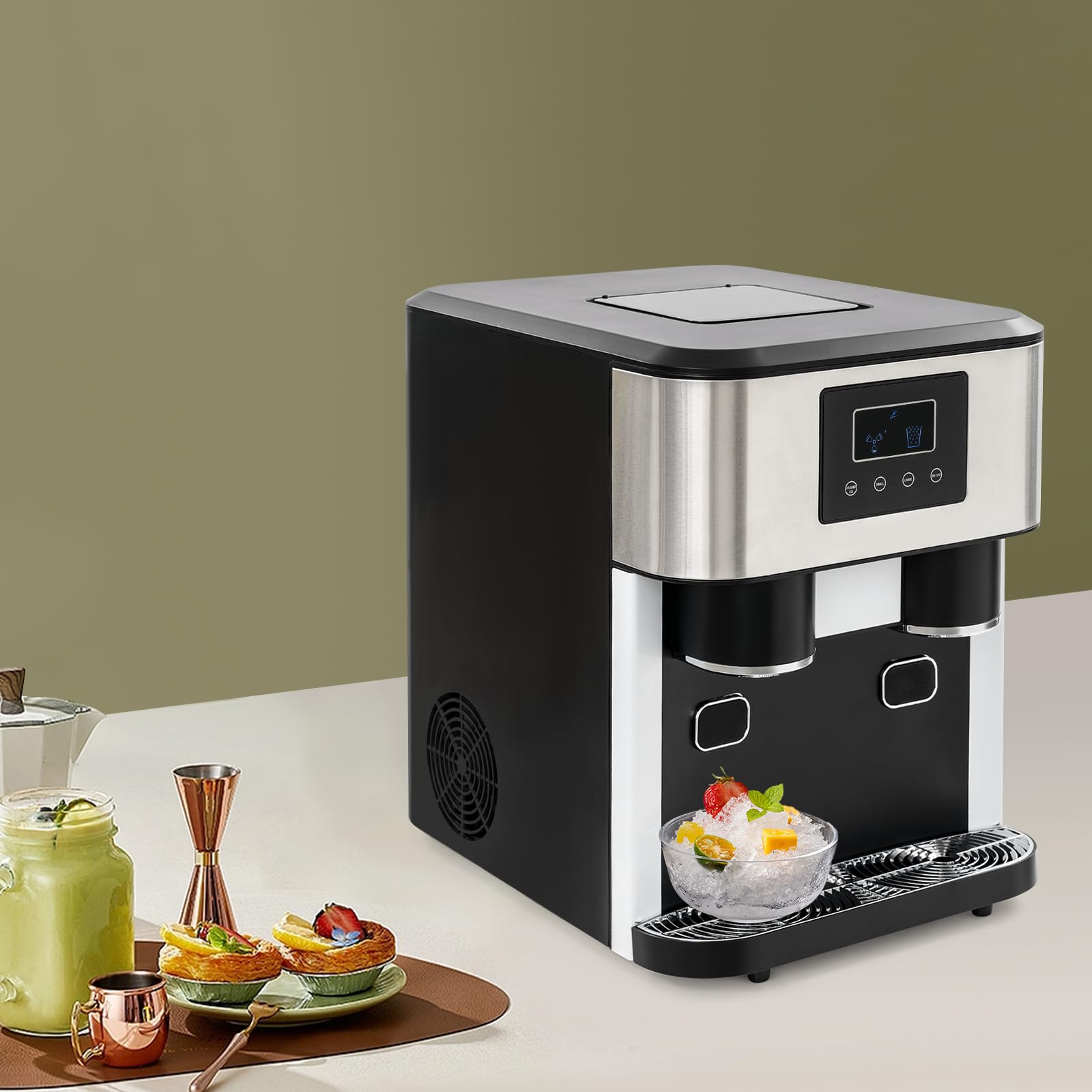 Macchina per ghiaccio 3 in 1, multifunzione, da tavolo, 240 V, con finestra di visualizzazione, cubetti di ghiaccio, ghiaccio tritato, acqua fredda, ciclo di 7-9 minuti, display LCD, in acciaio inox