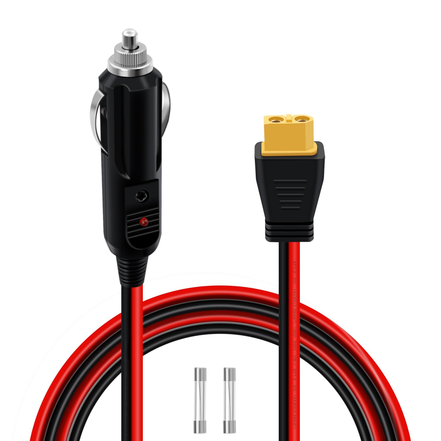 XT60 Female to Cigarette Lighter Male Extension with LED 14AWG 12V 24V Cigarette Lighter to XT60 Adapter Extension Cable 20A with 2 Spare Fuses for Solar Panel, Solar Generator (Male, 1 m)