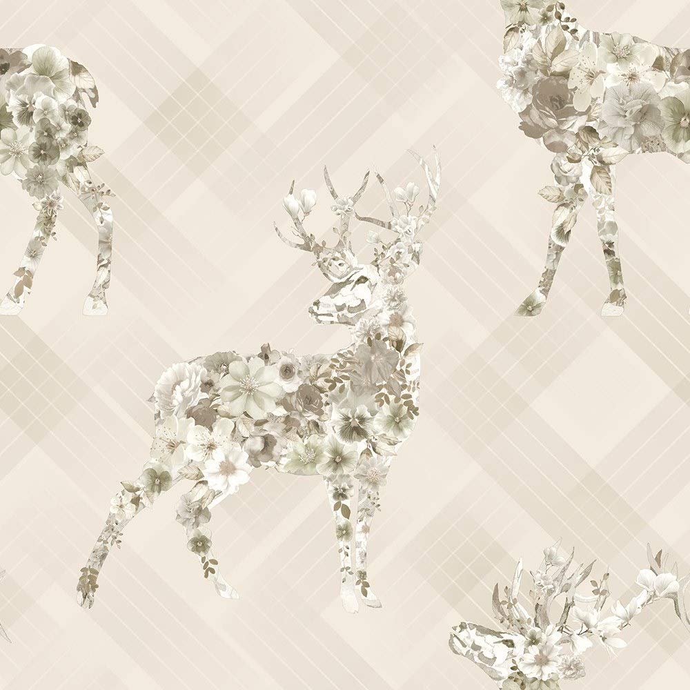 Holden Decor Whitcliffe Floral Elk Beige Wallpaper 90722 - Deer Stag Check