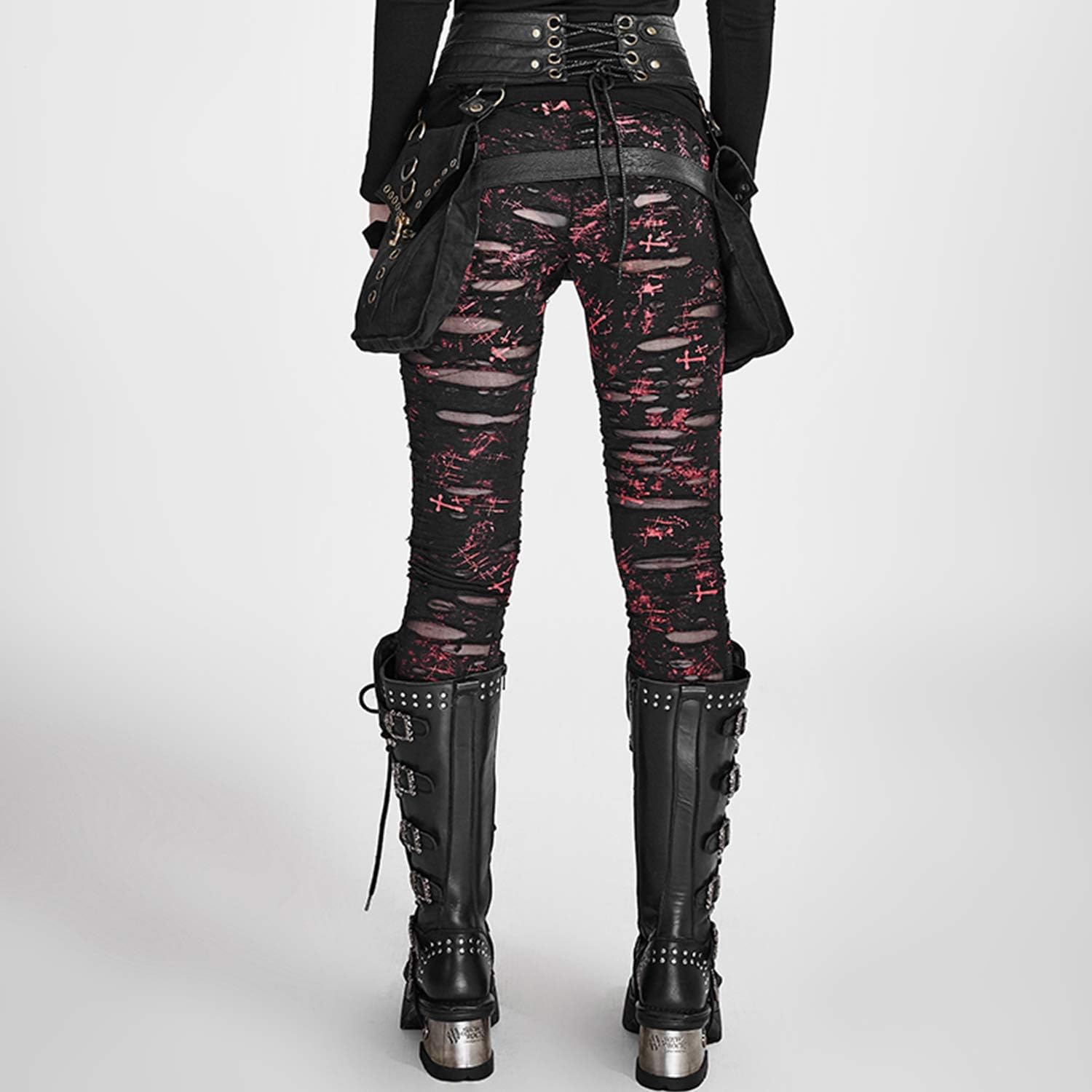 Punk Rave Womens Sexy Ripped Mesh Leggings Gothic Punk Tattered Slimming Pants Trousers RedXL