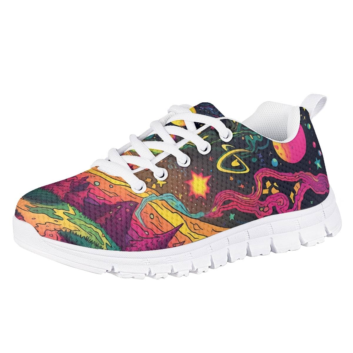 ENLACHIC Tie-Dye Printed Running Sneakers for Girls Boys Lightweight Breathable Lace-Up Sport Athletic Tennis Shoes,Colorful Forest Planet,5 US