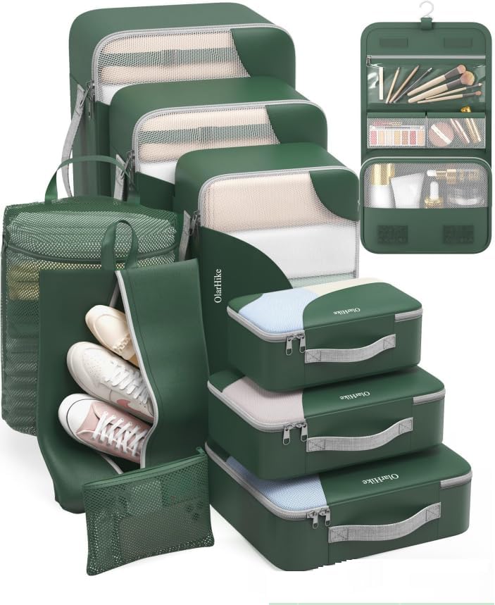 ALL INCLUDED 10 Set Durable Packing Cubes for Travel,Christmas Gifts for Women Mom, UPGRADED Anti-Tear Stitching, NEW Improved Luggage Packing Organizers for Suitcases Accessories (Dark Green)