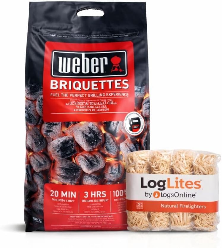 Logs Online BBQ Charcoal Bundle Weber (3 Bags) 8KG Briquettes + 50 LogLites Firelighters Barbecue Grill Accessories for Charcoal Grill Cooking & Fire Starters