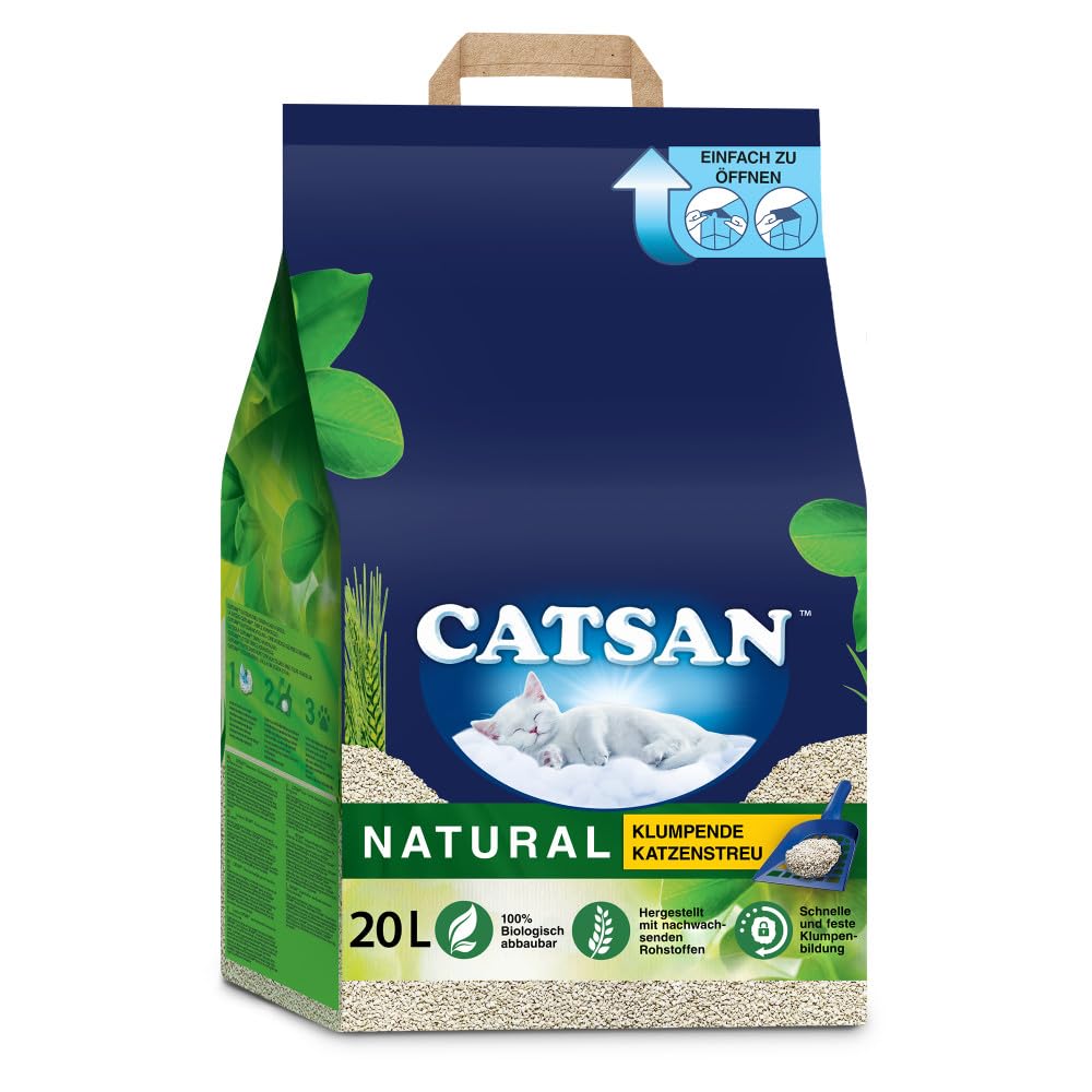 Catsan Natural Kompostierbare Klumpstreu für Katzen, 20 Liter (1 Beutel) – Katzenstreu 100 Prozent Biologisch abbaubar