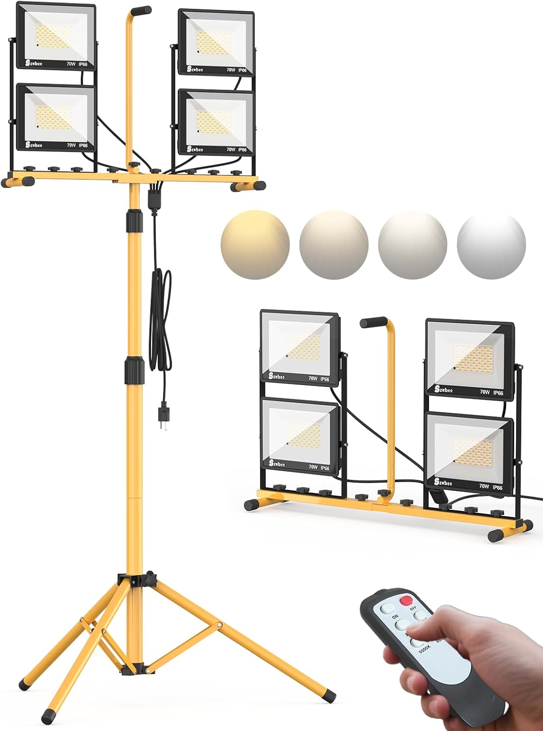 32000 Lumen LED Work Light with Stand & Remote, 4-Head 280W Portable Tripod Light with 16.5FT Cord, 3000K–6000K Adjustable, Waterproof Light for Indoor & Outdoor Job Site Workshop Construction