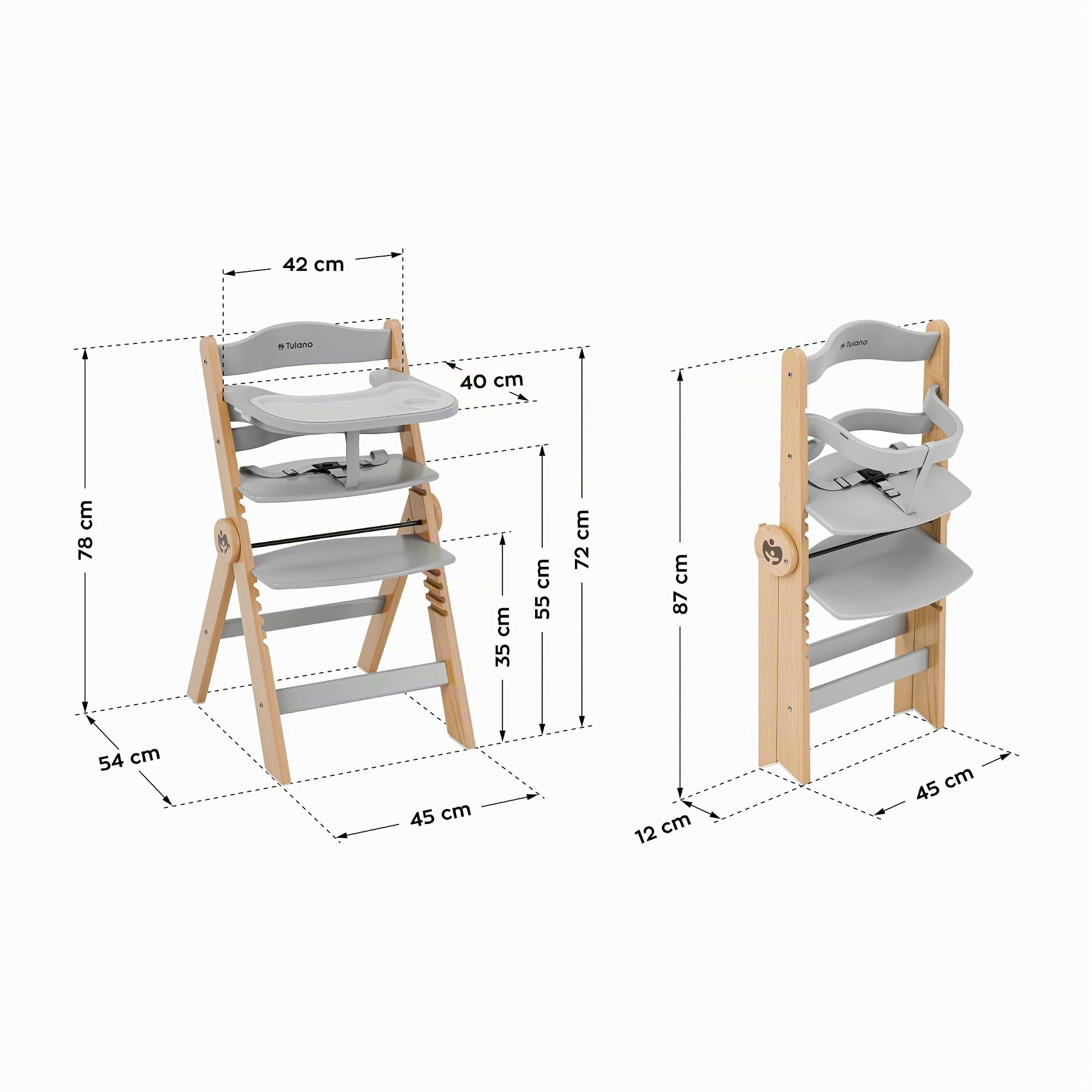 Tulano Morsel 45 Babyhochstuhl 4in1 aus Holz - Klappbar & mitwachsend | 3-Punkt-Gurt - Schutzbügel - Essbrett spülmaschinenfest - Rutschfeste Füße - 6 Monate bis 12 Jahre - Bis 40 kg - Grau