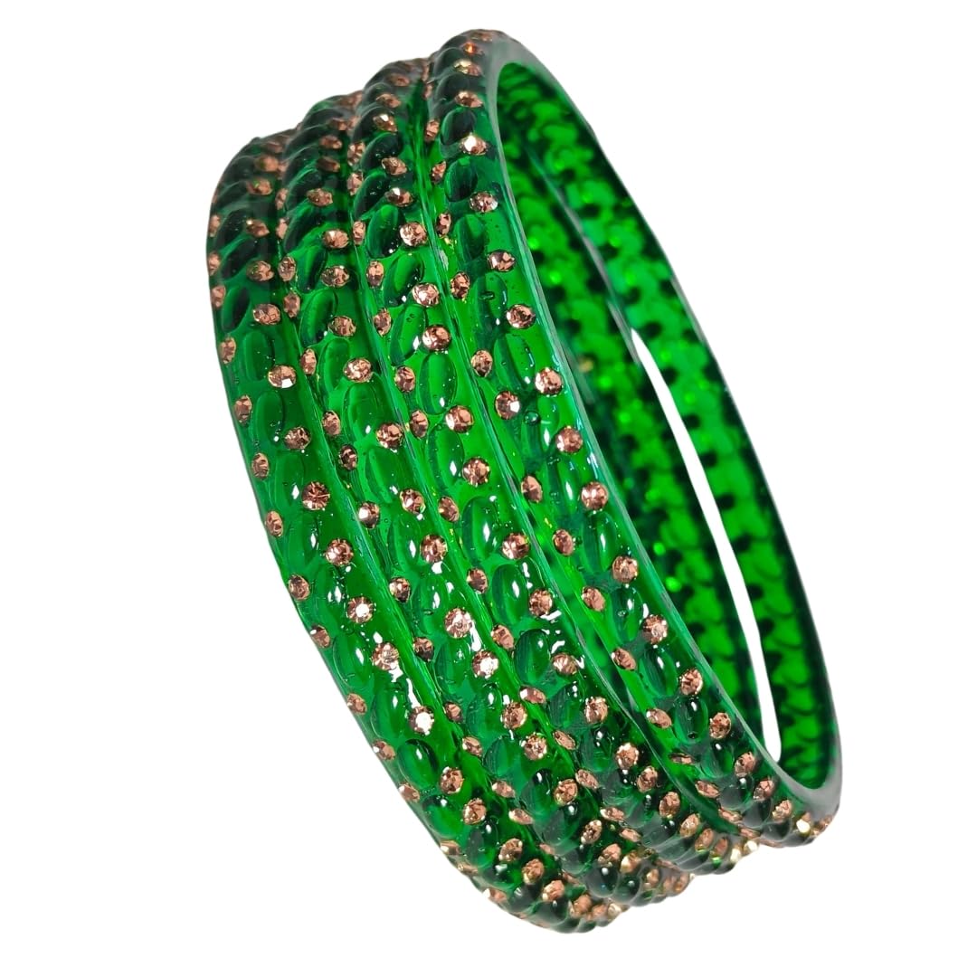 T4 Jewels Glossy Bangles Full Of Stones Studded Classy Textured Beautiful Glass Bangles Set For Women & Girls (Set of 4)_Green_2.6 (B0D8HDMT46) Amazon Price History, Amazon Price Tracker
