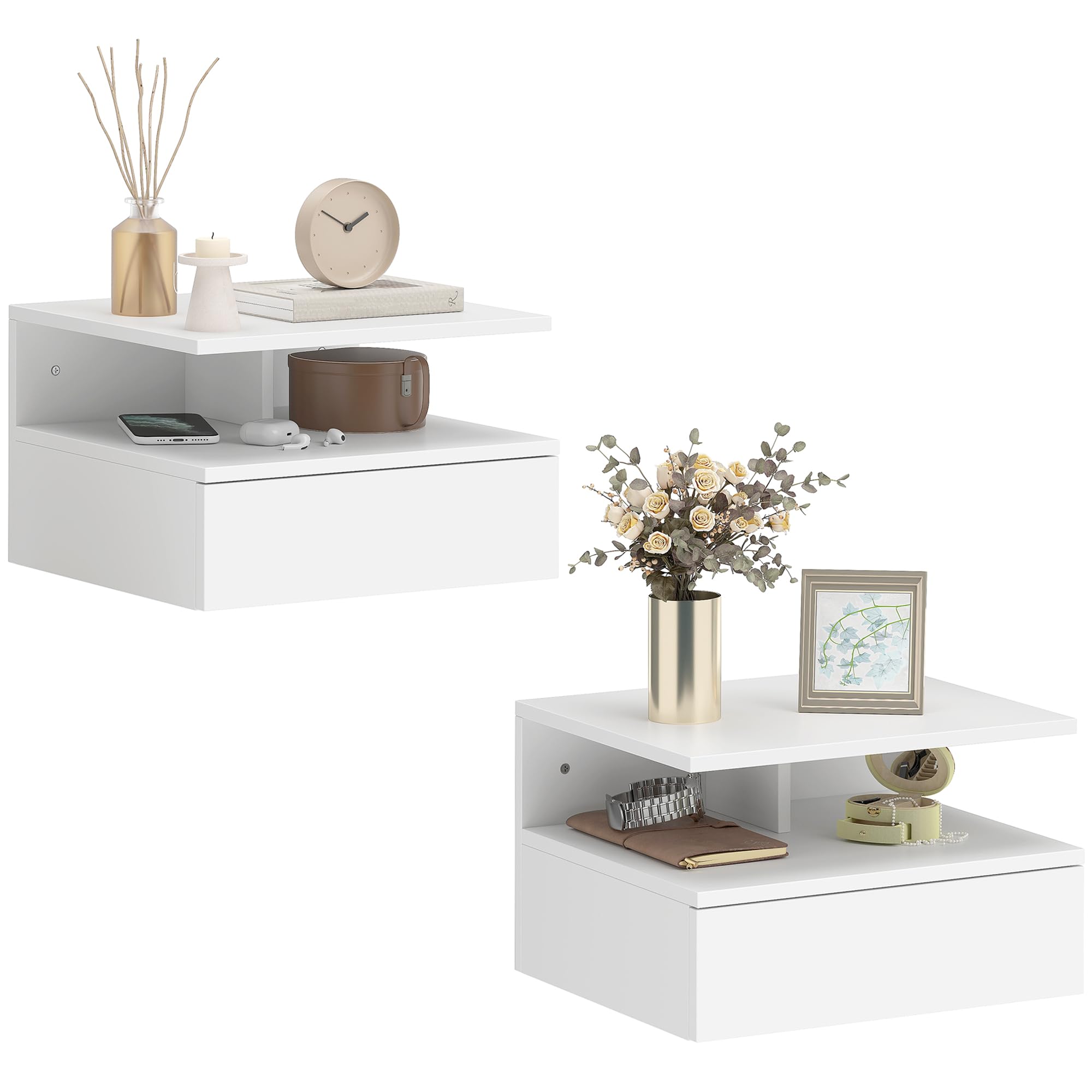 HOMCOM Set di 2 Comodini Camera da Letto Sospesi con Cassetto e Scomparto Aperto, Coppia di Comodini Moderno in Legno, Tavolini per Divano, Soggiorno, Salotto e Camera, 35x32x22.5 cm, Bianco