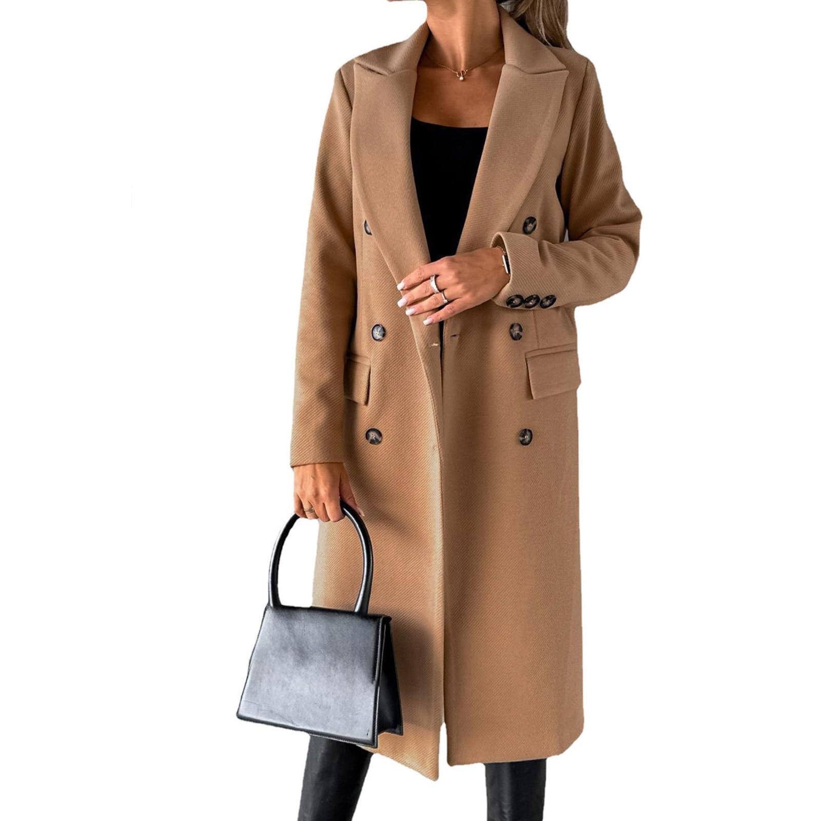 Long Trench Coats for Women Fashion Notched Lapel Collar Double Breasted Pea Coat Winter Warm Jacket