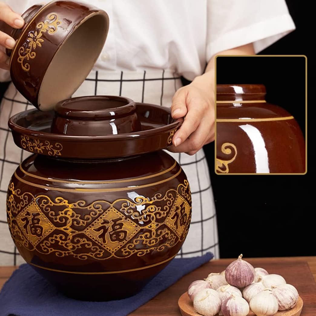 Brown Traditional Chinese Porcelain Pickle Jar, Thickened Ceramic Fermentation Crock Pickling Pot,Fermenting Jar with Water Seal Airlock Lid Stoneware Fermenter for L