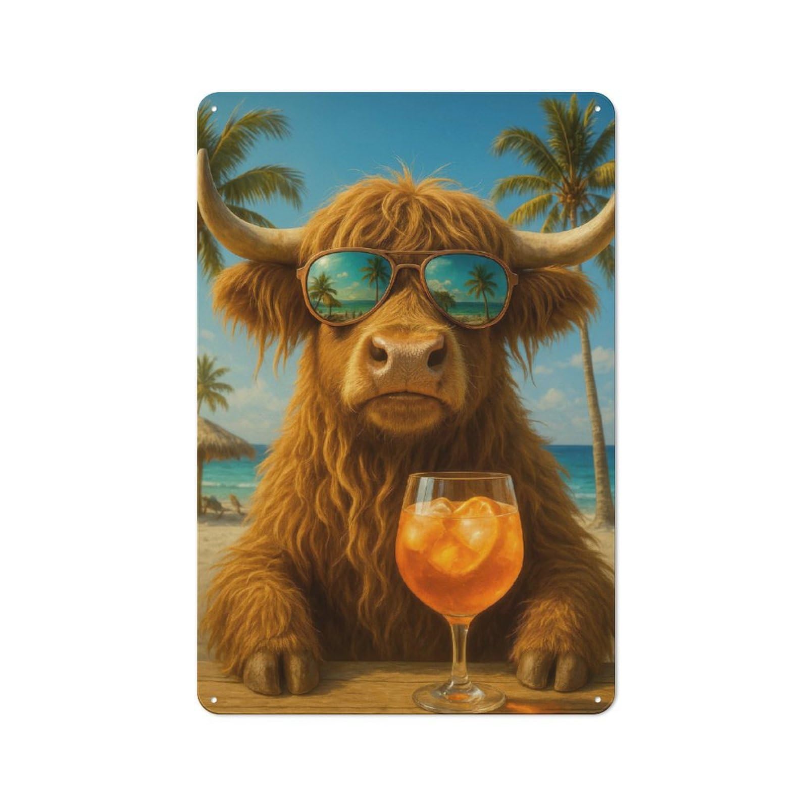 Junmoney Style-21 Highland Cow With Cocktail On Beach Office Metal Sign 30X20cm, Understated Office Wall Decor For Workspace, Cafe, Shop Or Desk Area