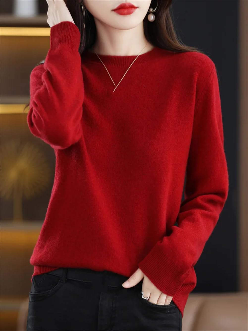 Maglione da donna in 100% lana merino, tinta unita, a girocollo, a maniche lunghe, morbido