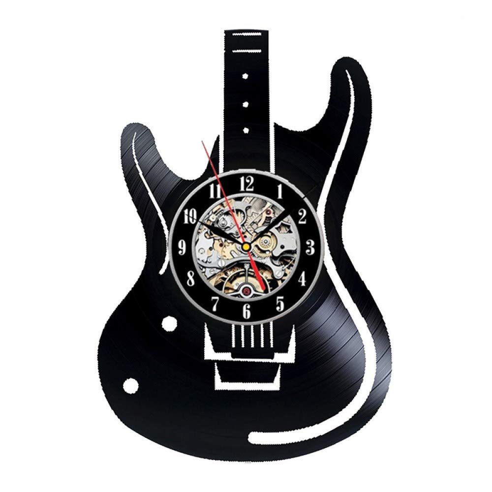 LED Wall Clock Hollow Electric Guitar Vinyl Record Unique Antique Home Wall Decor Musical Instruments Hanging Clock LQCN-No Led-12 inch