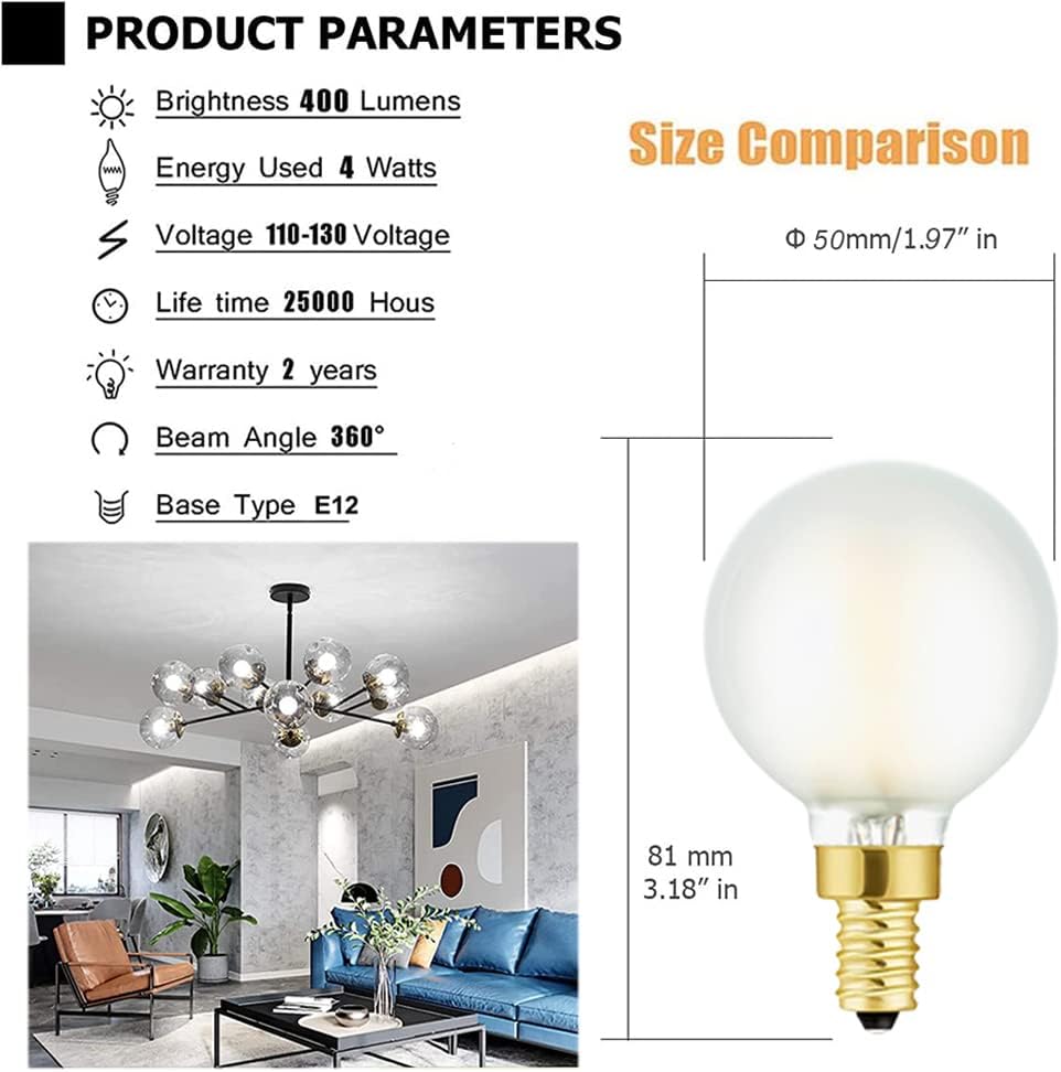 Frosted e12 led Light Bulbs g16.5 Candelabra Bulbs 60w led Edison Bulb 4000K 600lm ac120v CRI95 g50 Globe dimmable Light Bulbs for Chandelier,Vanity,Ceiling Fan, 6Pack