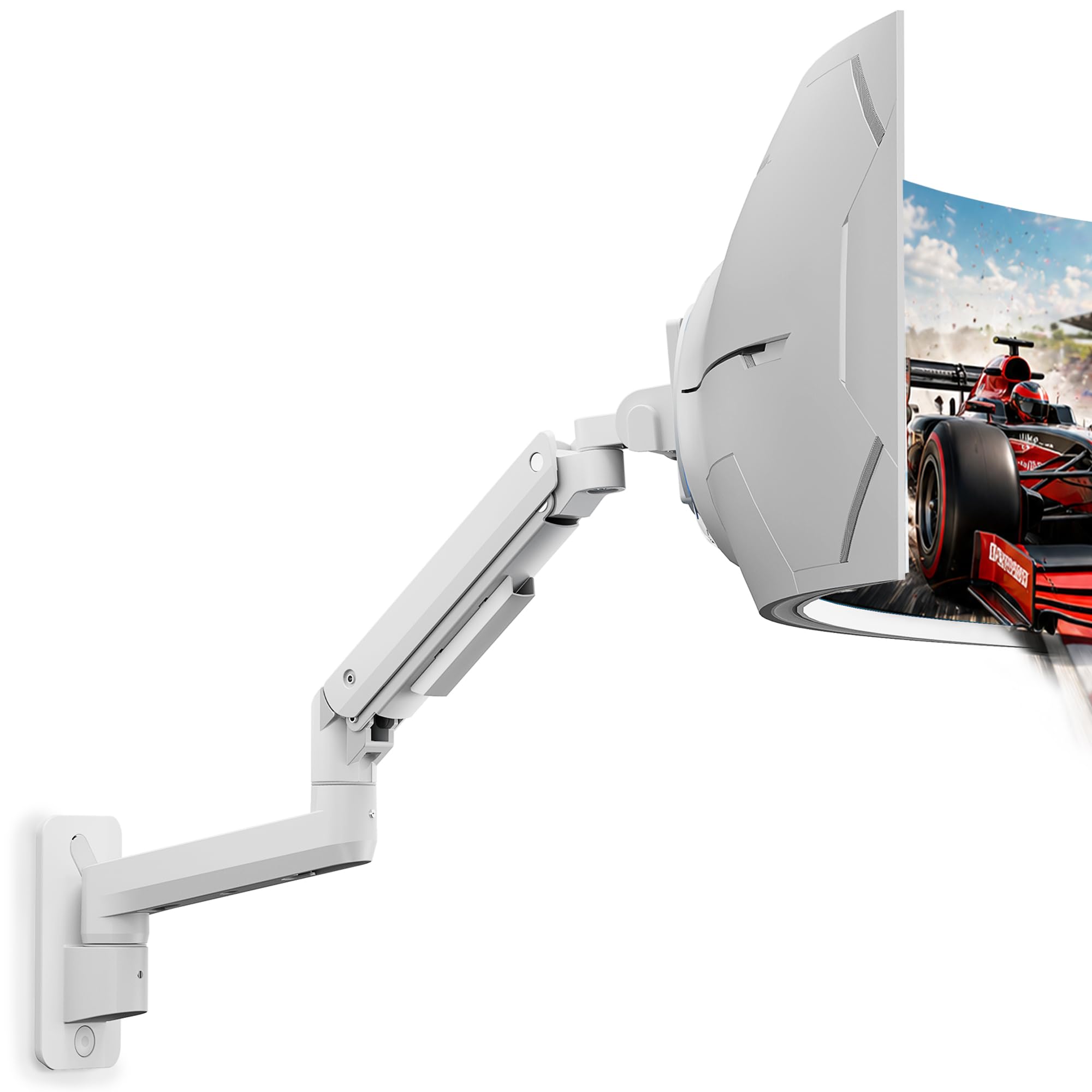 monTEK Supporto da parete per monitor ultra largo per schermi da 17 a 49 pollici, resistente supporto per monitor singolo fino a 20 kg, braccio per monitor completamente regolabile con molla a gas