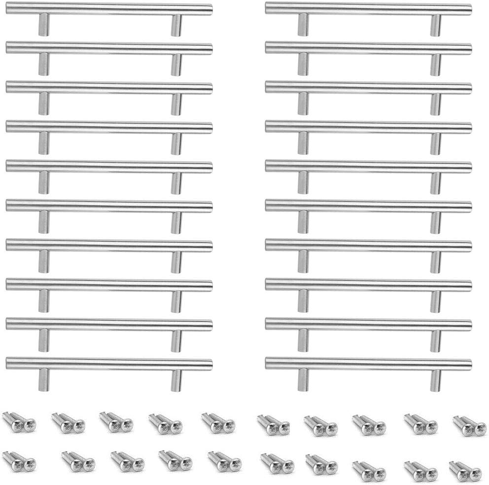 Pack 20 Cabinet Handles Stainless Steel Cupboard T Bar Handle Silver Cabinet Drawer Pulls Furniture Wardrobe Brushed Nickel Door Knobs with 40 Screws (200mm Long / 130mm Hole Centres) Reusable