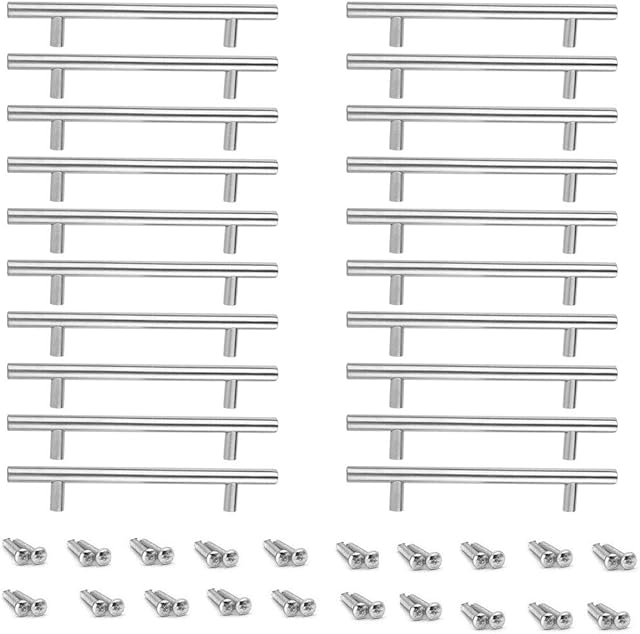 Pack 20 Stainless Steel T bar Handle Kitchen Handles Cup Board Cabinet Drawer Pulls Furniture Wardrobe Brushed Nickel Door Knobs with 40 Screws (200mm Long / 130mm Hole Centres) Reusable