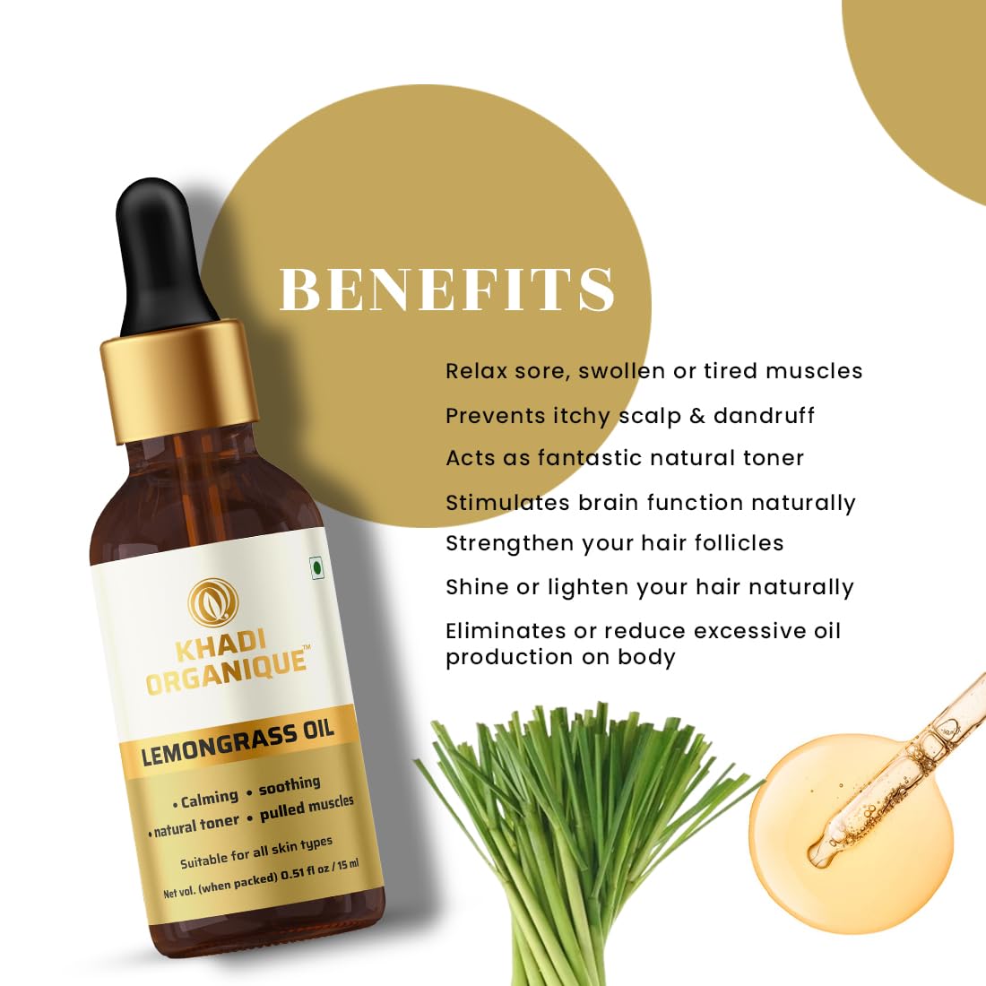 Khadi Organique Lemongrass Essential Oil for Skin, Hair & Body | Pure & Natural Aromatherapy Oil for Acne, Pimples, Stress & Muscle Pain Relief | Refreshing & Moisturizing Massage Oil – 15 ml 2