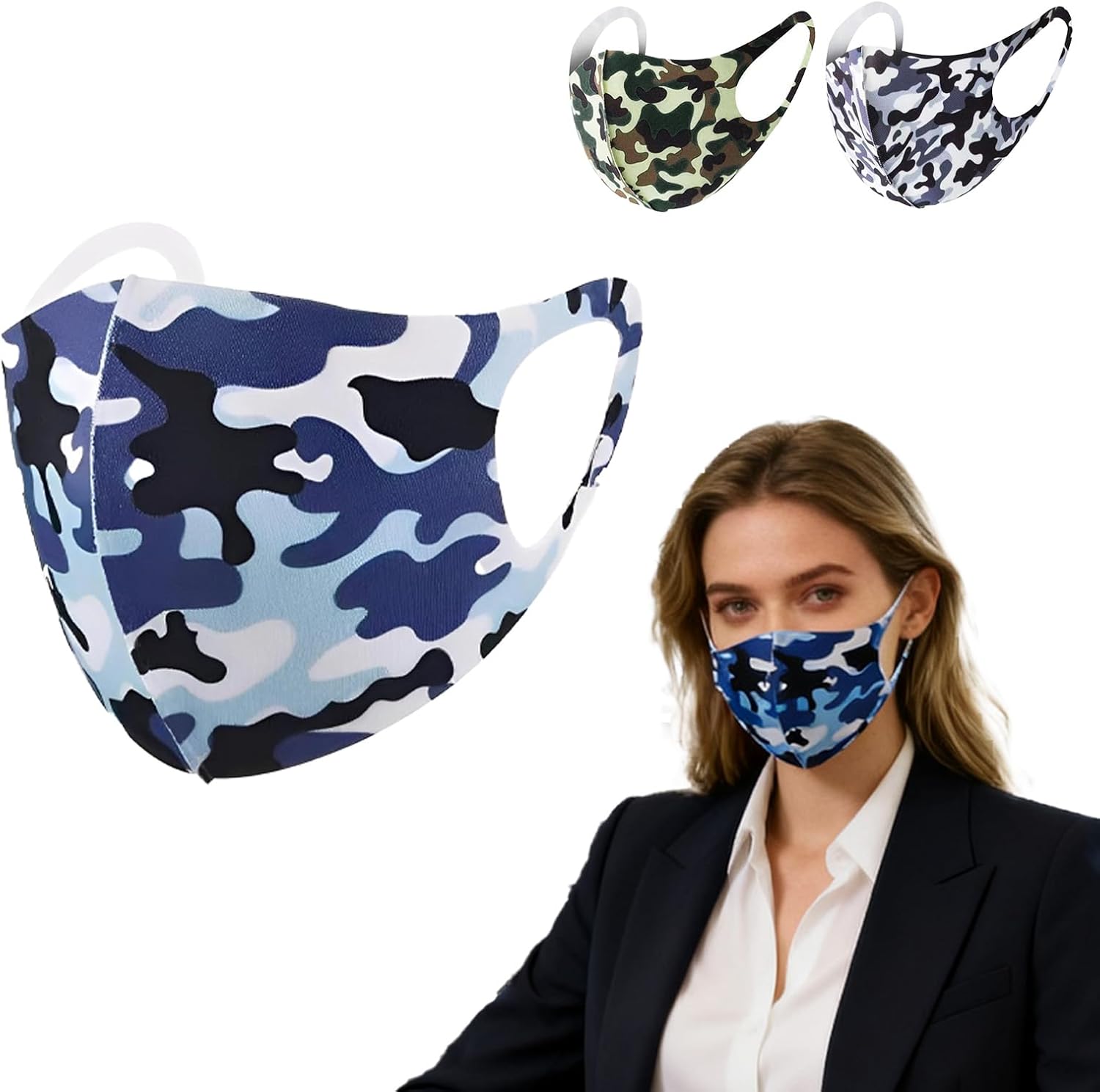10PCS Camouflage Cloth Face Mask Washable Reusable Breathable Masks for Men Women Adults Silk Cotton Sports Face Covers for Daily Running Travel Elastic Fabric Camo Design Christmas gift-blue - Image 1 of 7