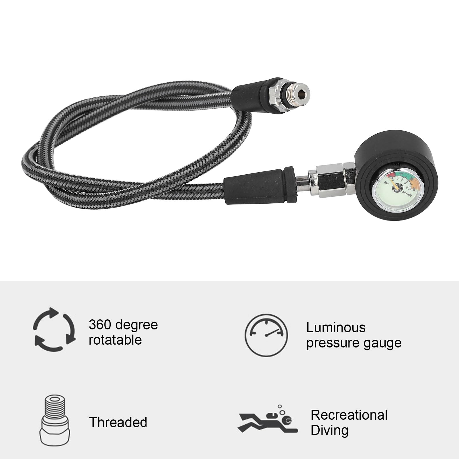 Manometro per Immersioni Subacquee, Manometro Luminoso Professionale per Immersione Notturna, con Tubo Ad Alta Pressione, per Regolatore BCD Immersioni Subacquee (65 cm)
