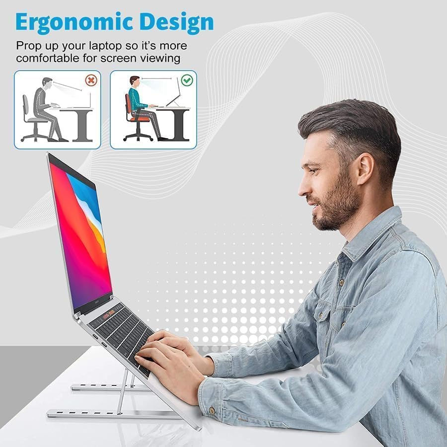 Image of Aluminum Adjustable Laptop Stand - Foldable Portable Laptop Holder with Multi-Angle Height Adjustment, Anti-Slip Cooling Design for MacBook, Notebook & All Laptops (Silver)