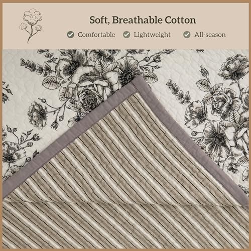 Image of Paseo Road Lyla 3 Piece King Taupe White Black Floral Cotton Quilt Set