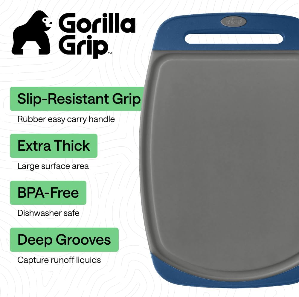 GORILLA GRIP BPA-Free Reversible Kitchen Cutting Board Set of 3, US Designed, Nonporous, Juice Grooves Catch Liquid, Slip Resistant Border, Dishwasher Safe, Durable Food Chopping Boards, Gray Blue
