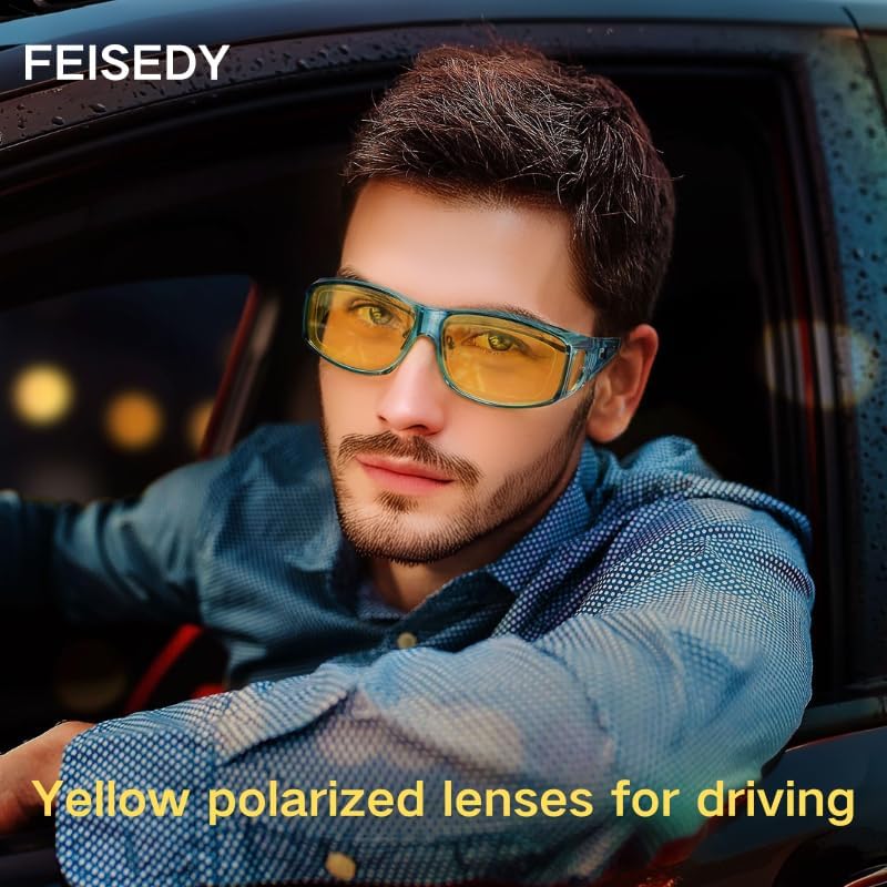 FEISEDY Night Driving Sunglasses Polarized Fit Over Sunglasses for Men, Yellow Lenses, Anti Glare Glasses B0225 - Image 2