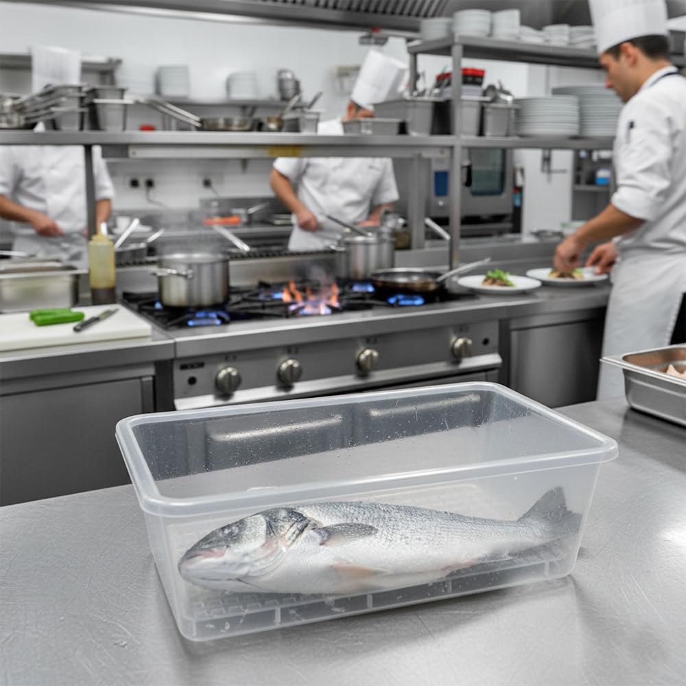 Pack 6 Bandejas Descongelar Alimentos 6,5L Tapa Beige y Rejilla Antigoteo | 36 x 24 x 12,5cm. Sin BPA. Recipiente para descongelación más higiénica. Ideal cocinas, restaurantes, hostelería y cátering