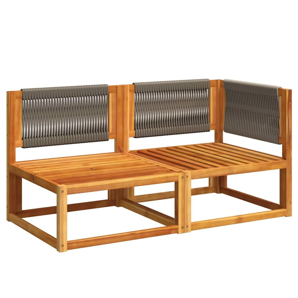 Divano da giardino a 2 posti, in legno di acacia massiccio con cuscini grigi e schienale in corda intrecciata, resistente alle intemperie, divano angolare per balcone, terrazza, esterno