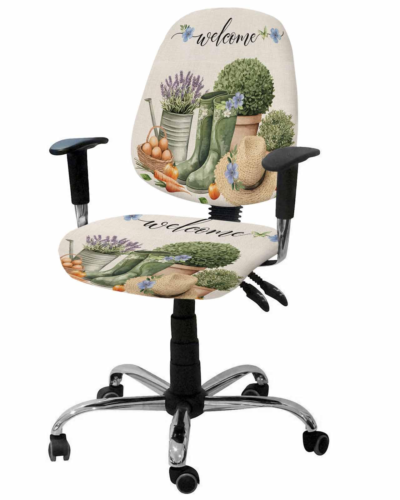 Boots Plants 2 Pieces Computer Office Chair Covers Set,Stretchable Desk Rotating Chair Seat Cushion Slipcover Back Covers,Farmhouse Retro Flowers Egg Hat Butterfly Slipcover Back Cover Protector Cover