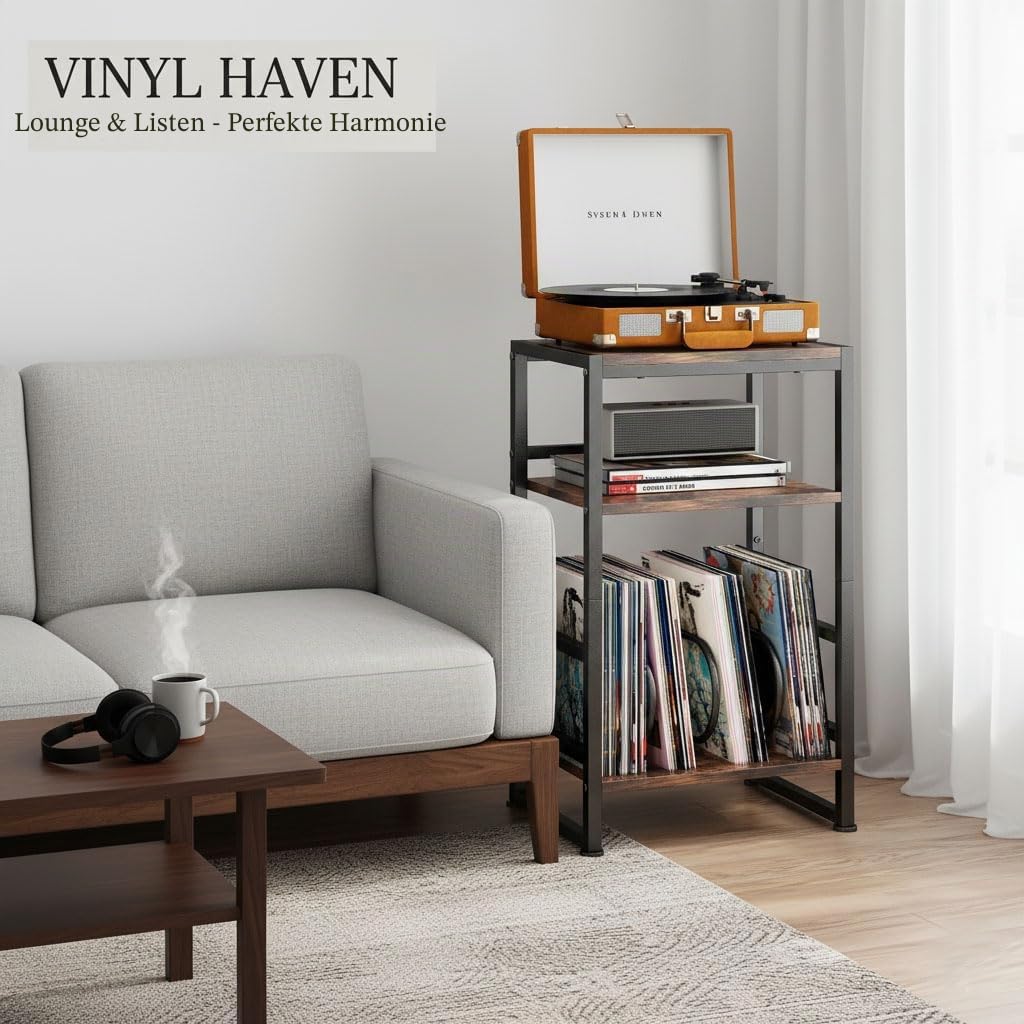 Plattenspieler-Ständer, 3 Etagen Beistelltisch,Plattenspielertisch Aufbewahrung von Schallplatten, bis zu 120 Alben, Tisch für Wohnzimmer, Schlafzimmer, Vintagebraun (Rustikal Braun)