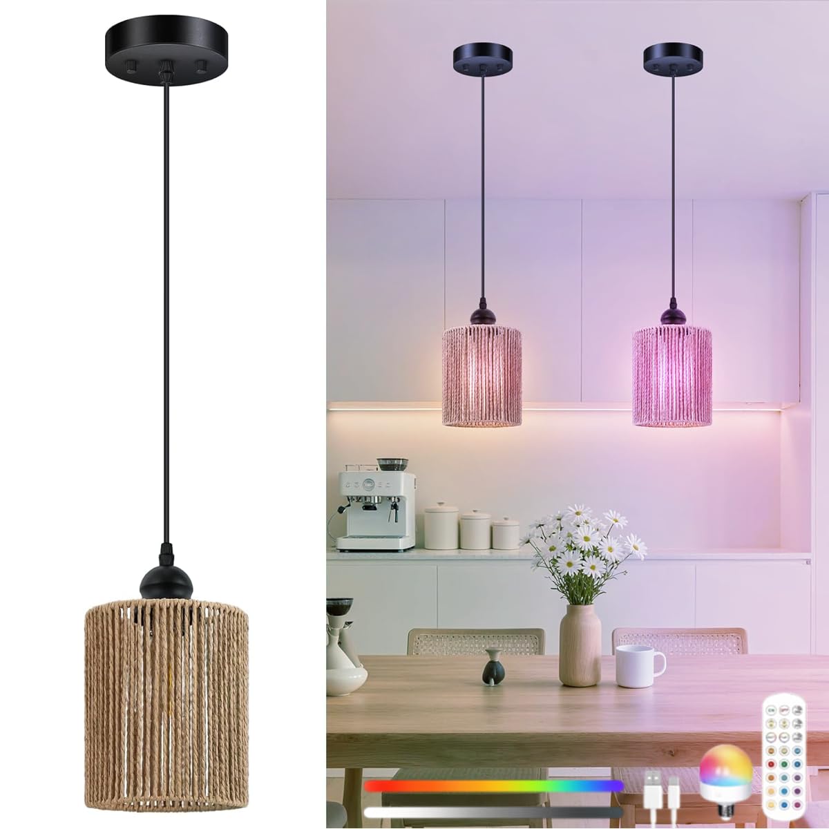 Akku Pendelleuchte Esstisch Hängelampe mit Batterie und Fernbedienung Dimmbar Esszimmerlampe E27 Vintage Geflochten Hängeleuchte mit RGB wiederaufladbaren Glühbirnen Für Schlafzimmer Wohnzimmer Küche
