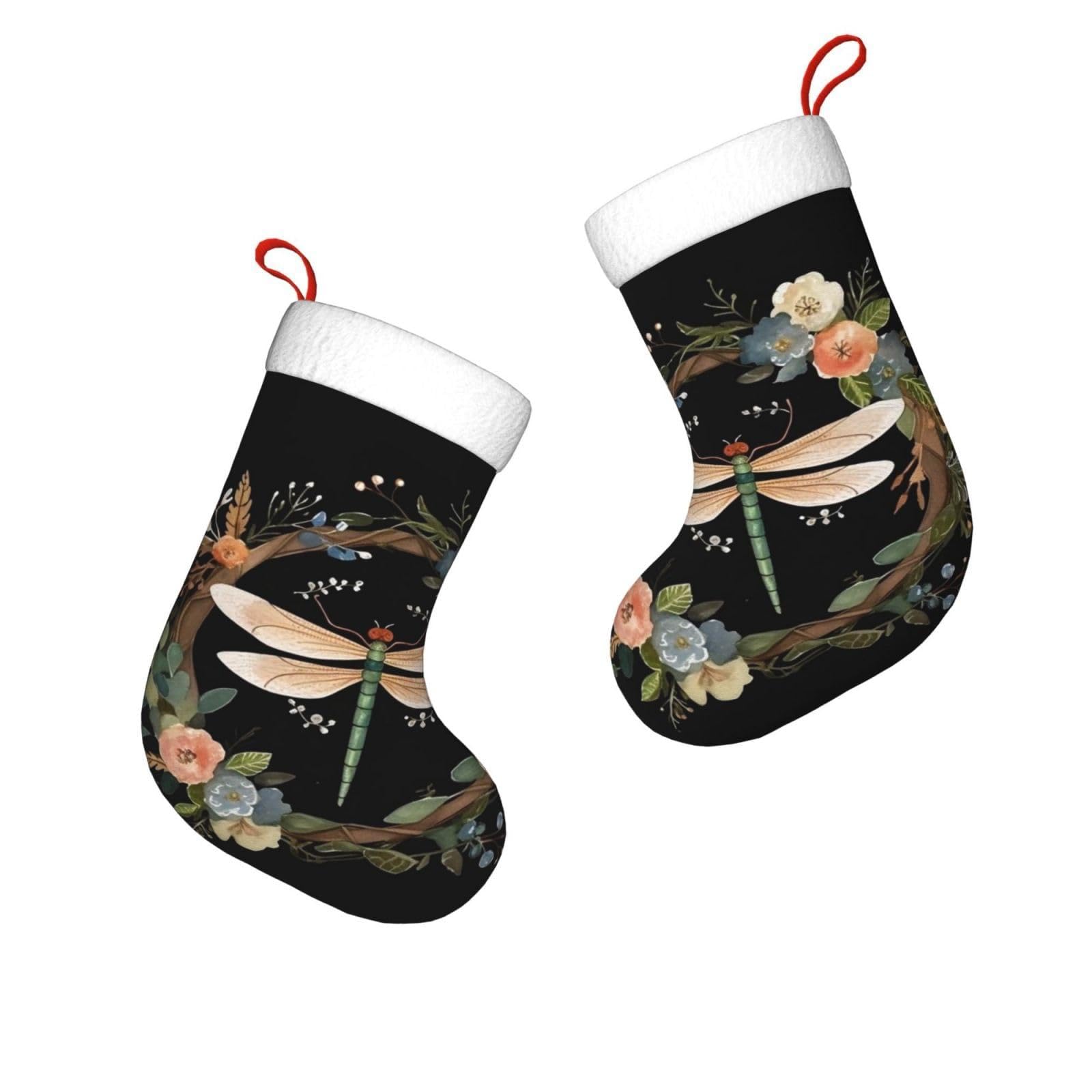 FodPand 17.7" Christmas Stocking 1 Piece, Image of Dragonfly in Wreath Xmas Stockings with White Plush Cuff Fireplace Hanging Stocking for Christmas Holiday Party Decoration