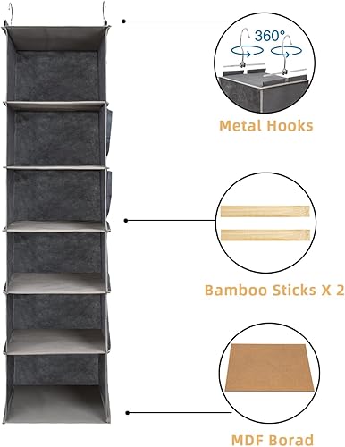 Miniatura 4 de Paquete de 2 organizadores colgantes para armario, estantes colgantes de 6 niveles para armario con inserciones de bambú resistentes, color gris