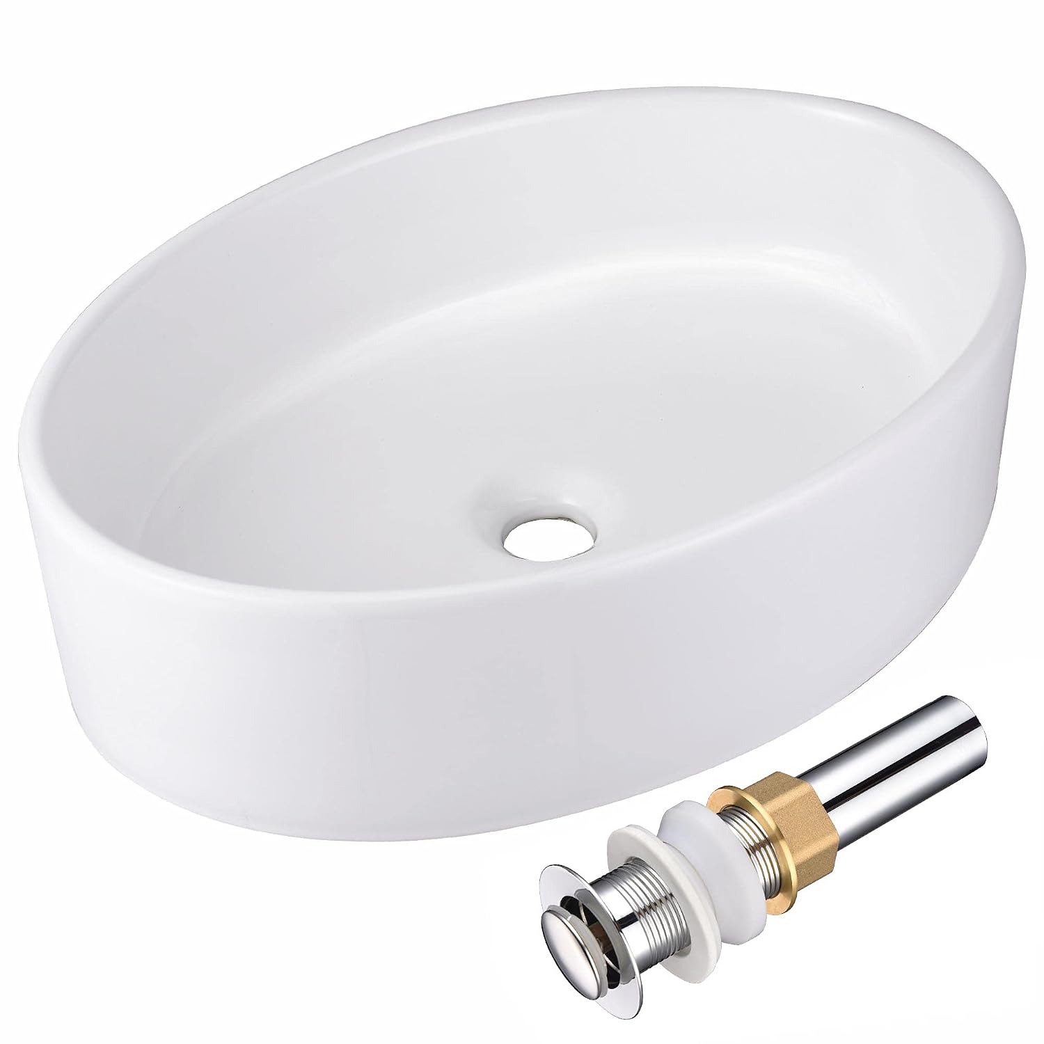 Aquaterior Porcelain Bathroom Vessel Sink 19"x14" Oval Vanity Basin with Chrome Drain Above Counter Bowl White Minimalist Modern