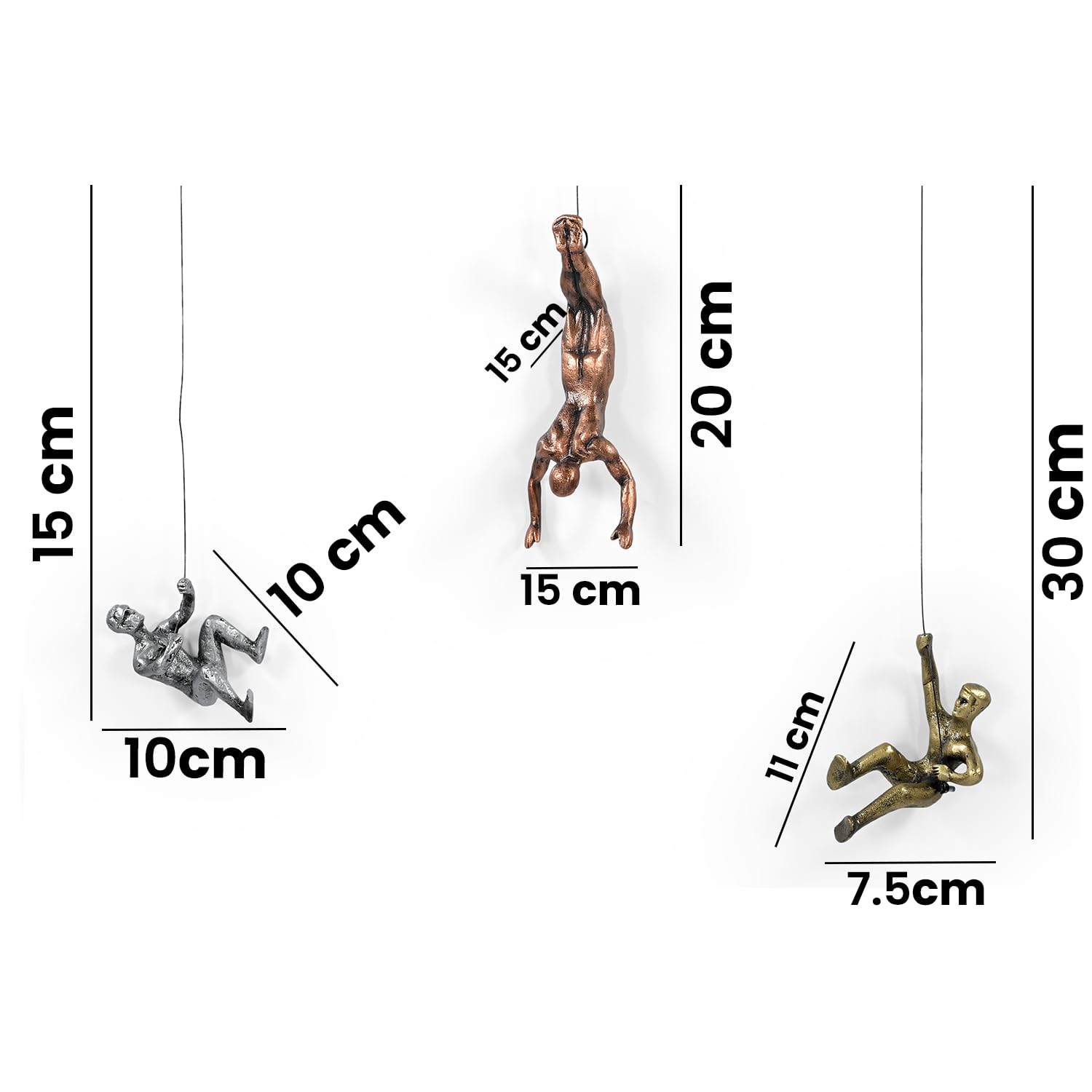 iAnanas 3er-Set Klettermann Metallskulptur CLIFFHANGERS mit Drahtseil Dekoelement moderne Kunstskulptur, 3D-Wanddekoration Wandinstallation Wohnzimmer, Metall, kinderzimmer, motivation