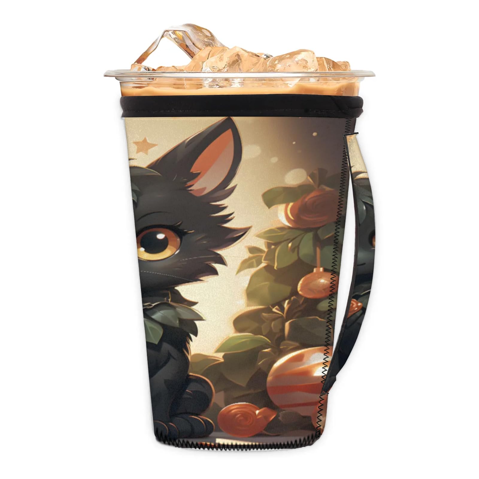 Cartoon Cat Christmas Bells Reusable Neoprene Coffee Sleeve with Handle Insulated Iced Coffee Cup Holder Reduces Condensation Fits 24-28 oz Cups M