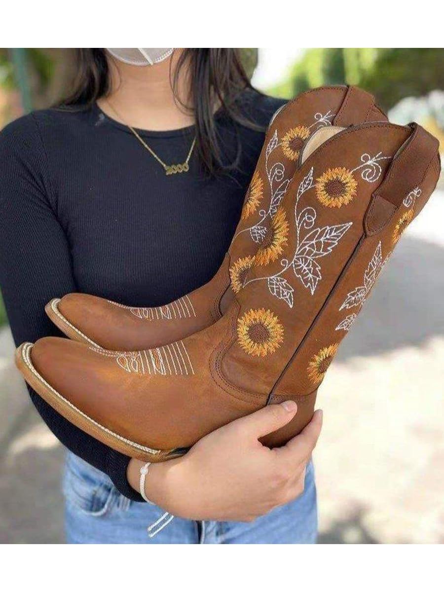 Ulalaza Botas de mujer Botas de vaquero occidental Botas de vaquera a media pantorrilla Botas altas con punta puntiaguda bordadas de tacón grueso Botas cortas hasta la rodilla con punta cuadrada
