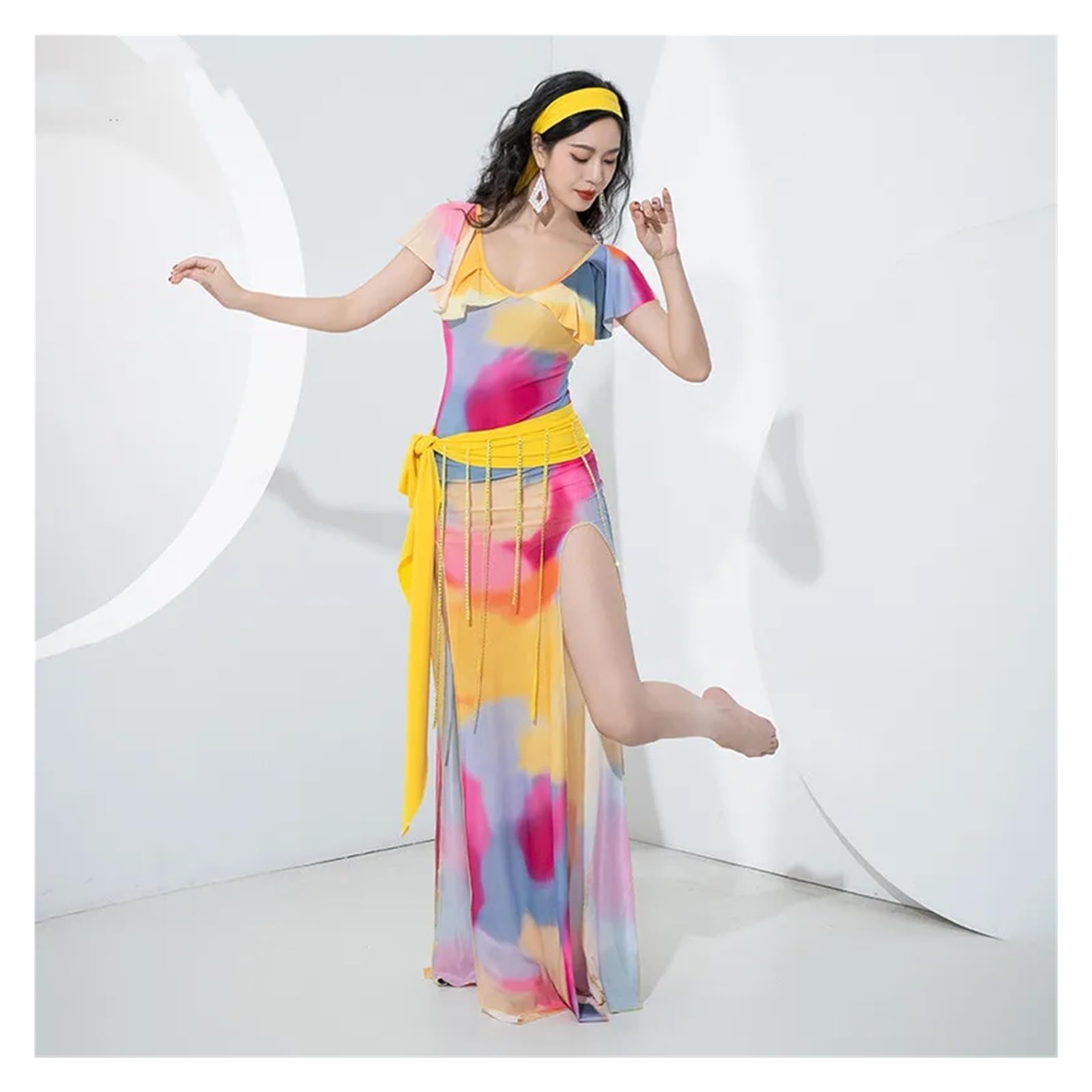 Set di Abiti Shaabi Baladi for Danza del Ventre da Donna, con Maniche Corte a Balze e Stampa, Sexy, con Spacco Laterale